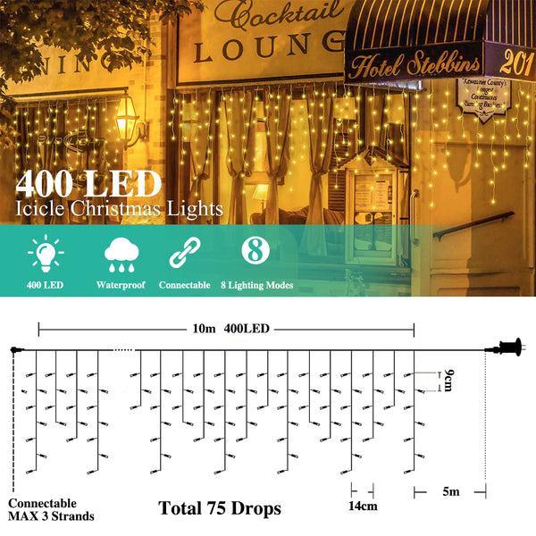 Warm White 400 LED Icicle String Lights Festivals